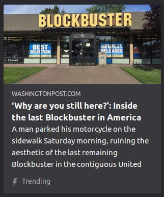 By The Washington Post. Photo o’ storefront o’ Blockbuster. “A man parked his motorcycle on the sidewalk Saturday morning, ruining the aesthetic of the last remaining Blockbuster in the contiguous United”