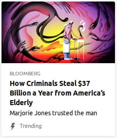 By Bloomberg. Illustration o’ an ol’ person with a weird-shaped head using a weird sci-fi phone, in a purple-&-yellow gradient void, surrounded by stretchy spirits.