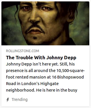 By Rolling Stone. Illustration o’ Johnny Depp’s face with greasy olive skin, greasy messy hair, & thick lids under his eyes.