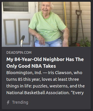 By Deadspin. Photo o’ an ol’ woman sitting in front o’ a suburban home.