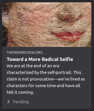 By The Paris Review. Picture o’ some rando’s nose & mouth with the impressionist Photoshop filter applied to it. “We are at the end of an era characterized by the self-portrait. This claim is not provocative—we’ve lived as characters for some time and have all felt it coming.”