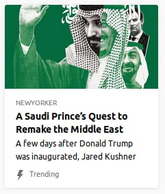 By New Yorker. Photo collage o’ Saudi Prince with his hand held up merged with 2 other randos — I think the whitey @ the top is Jared Kushner. All is in black & white & deep green.