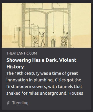 By The Atlantic. Yellowing black & white illustration o’ an old-fashioned showering contraption. “The 19th century was a time of great innovation in plumbing. Cities got the first modern sewers, with tunnels that snaked for miles underground. Houses”