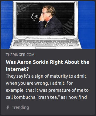 By the Ringer. Illustration o’ a laptop screen showing Aaron Sorkin sneezing into a tissue — ’cause that’s this artist’s fetish, I guess.