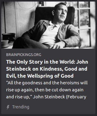 By Brainpickings. Graphic is a grayscale photo o’ presumably John Steinbeck leaning back in a chair, staring @ something offscreen.