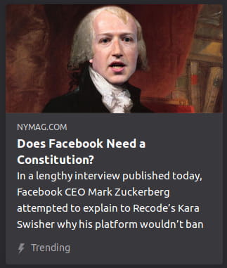 By NYMag. Ungodly, horrific, Naziesche Photoshop o’ Fuckerberg’s face plastered onto some founding father’s head & body ’cause NY Mag despises all o’ humanity & want to subject as many as they can to the graphical form o’ biological weapons.