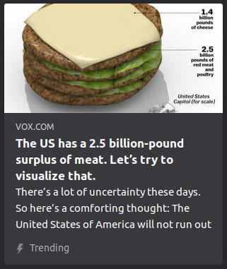 By Vox. Photo o’ multiple layers o’ meat paddies, separated by lettuce, with a slice o’ cheese on top.